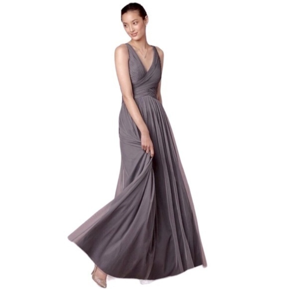 ANTHRO BHLDN HITHERTO FORMAL GREY TULLE SLEEVELESS DEEP V NECK PLUNGE GOWN 0